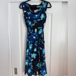 Kasper NWT Blue Floral Sleeveless Midi Dress Sz 4 Tie Waist Career Wedding Guest
